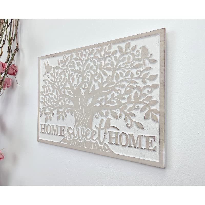 Mural Tallado Natural Blanco de Madera Home Sweet Home, Arbol de la Vida para Decoracion