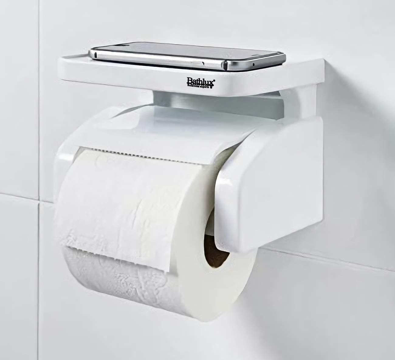 Portarrollos para Papel Higiénico de Pared con Ventosas de Fijación, Estante de Almacenamiento y Corte, Blanco