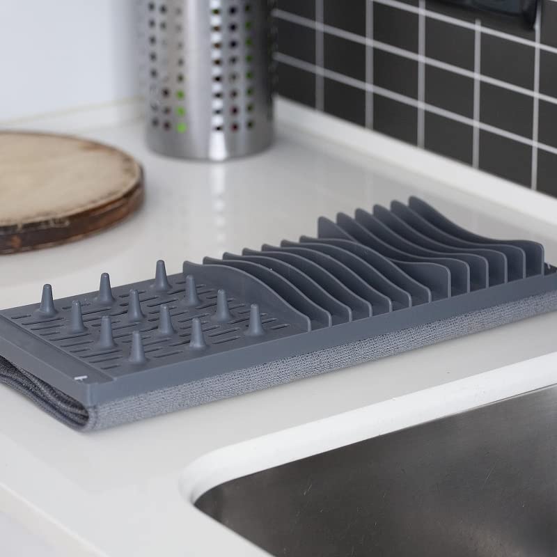 Escurreplatos Plegable con Escurridor, Tapete Secado De Vajilla - Gris