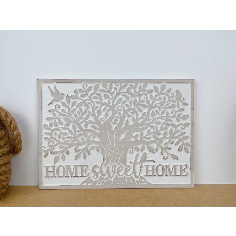 Mural Tallado Natural Blanco de Madera Home Sweet Home, Arbol de la Vida para Decoracion