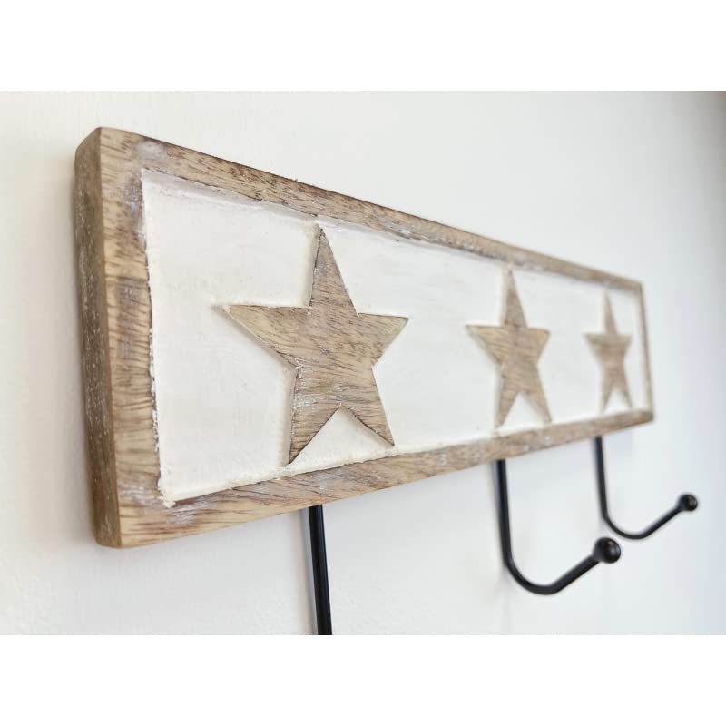 Perchero de Pared Mango Madera Tallado Estrellas 3 colgadores Metal