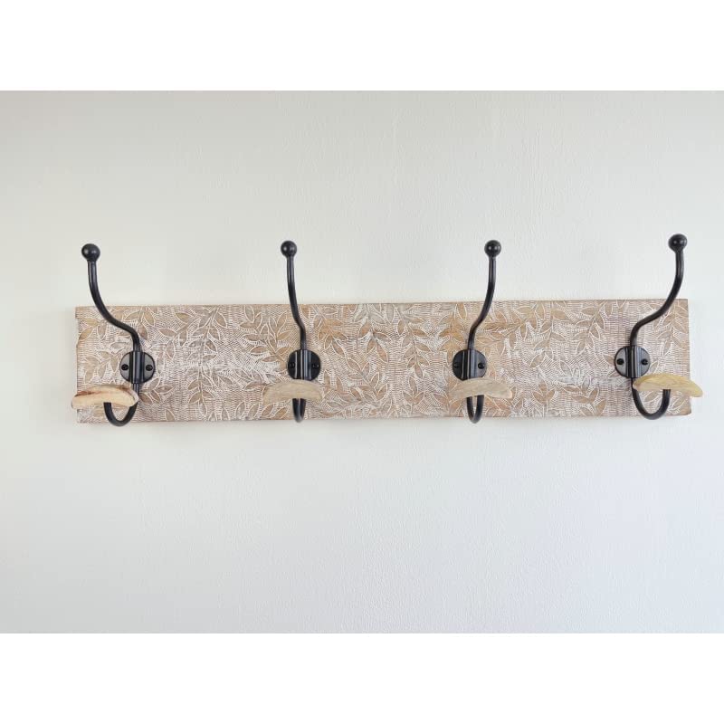 Perchero de Pared Madera Mango Tallado con 4 colgadores de Hierro decape