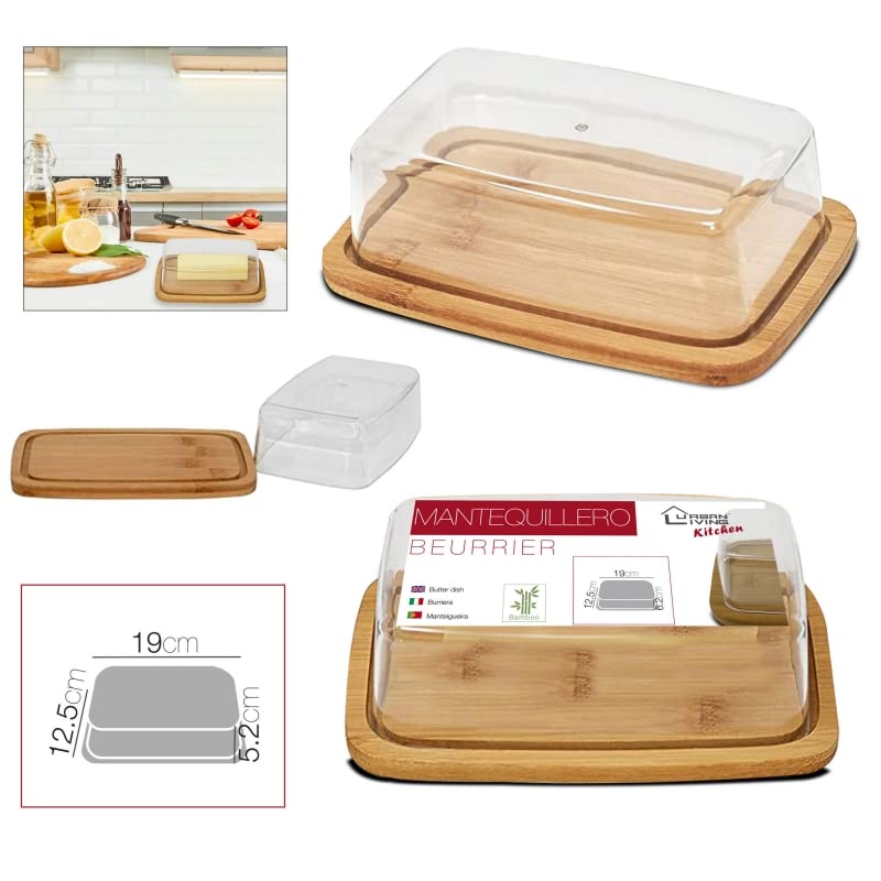 Bandeja Bambu Mantequillero Aperitivos para Servir con Tapa 19 x 12,5 x 5,2 cm (Rectangular 19 cm)