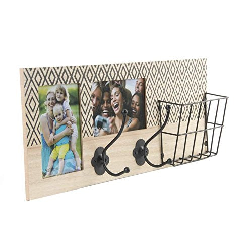 Perchero portafoto Pared Madera Original Boho, Decorada Cesta Metal