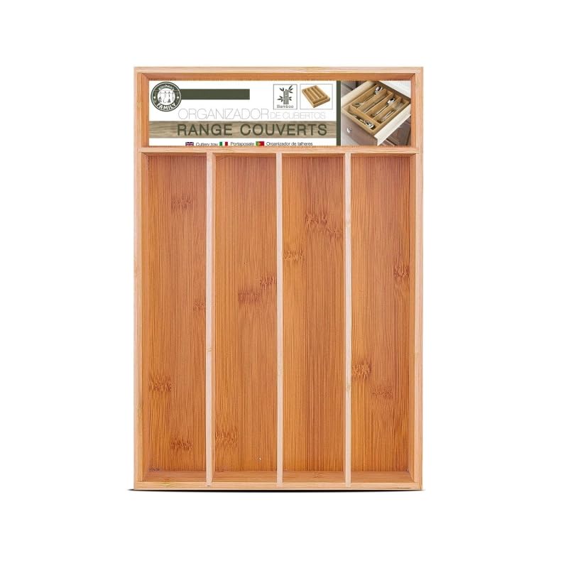 DAMDAM GO - Cubertero Cajon, Organizador de Cubiertos, cubertero mandera Bambu 5 Compartimentos