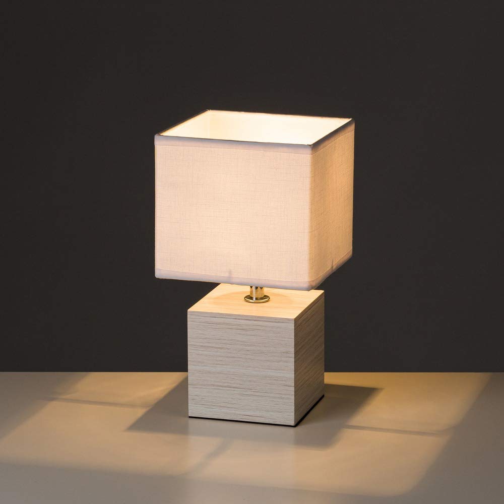 Lámpara de mesita de noche nórdica de madera y lino beige, de 14x14x26 cm
