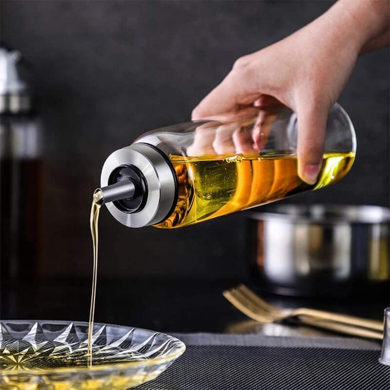 Aceitera Antigoteo de Cristal Borosilicato Tapón de Acero INOX con Tapa Que Se Abre Automatico para Cocina 550 ML