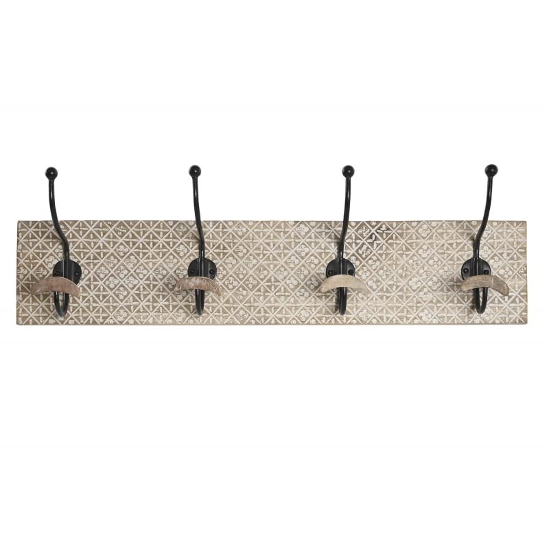Perchero de pared madera mango tallado con 4 colgadores de hierro decape Hojas fino