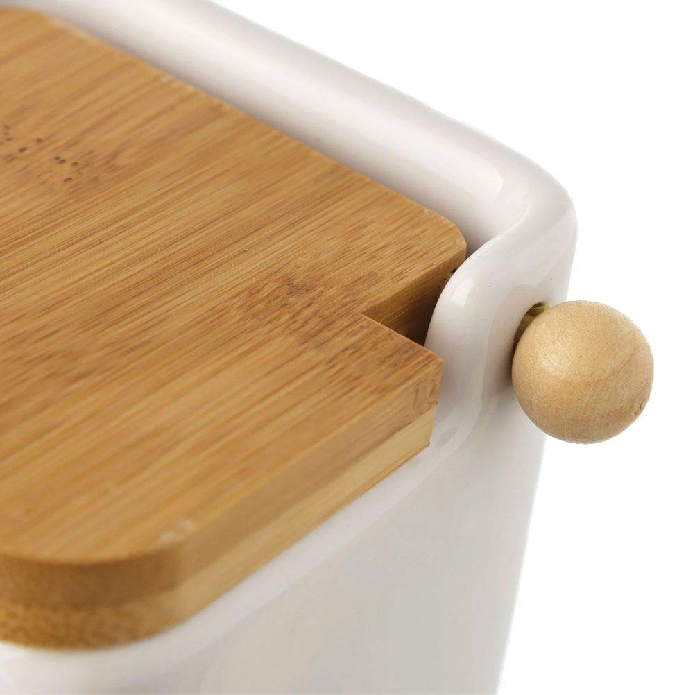 Azucarero Blanco Stoneware 8 x 10,50 x 8 cm con Tapa de bambú, 8x10,5x8 cm