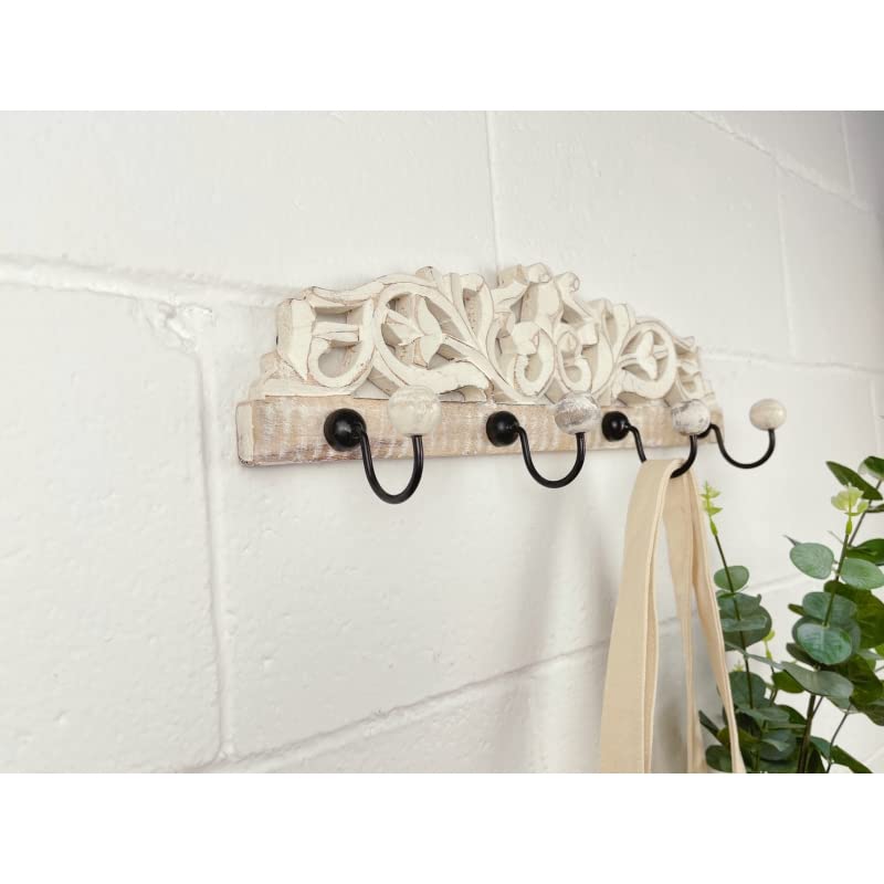 Perchero de Pared Mango Madera Tallado Metal 4 colgadores
