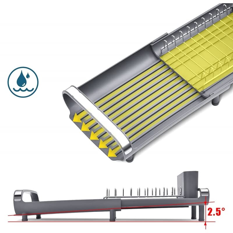 Escurreplatos, Escurridor De Platos Extensible con Cesta de Cubiertos, Caño De Drenaje Giratorio Gris Oscuro