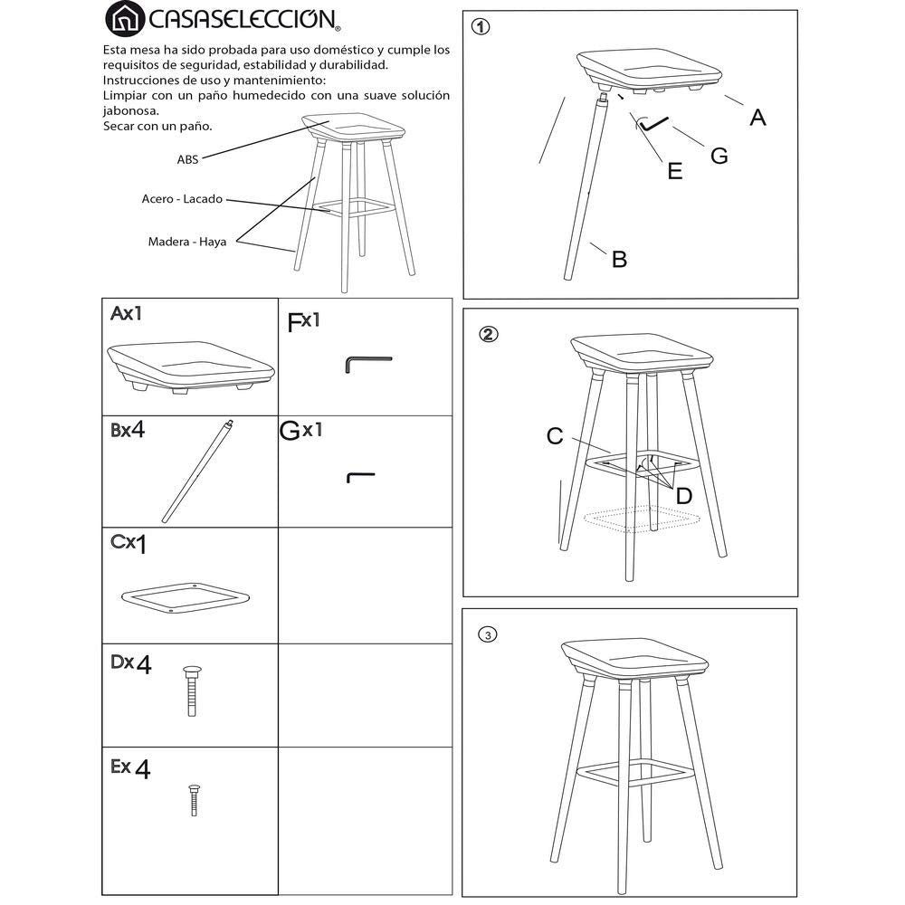 Taburete alto de madera de haya con asiento blanco de ABS
