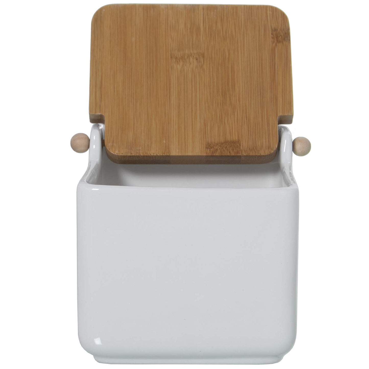 Salero Cocina Cerámica Tapa madera Blanco, 12x12x11 cm