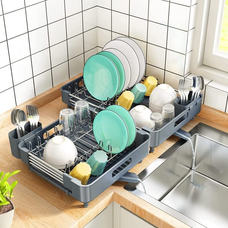 Escurreplatos, Escurridor De Platos Extensible con Cesta de Cubiertos, Caño De Drenaje Giratorio Gris Oscuro