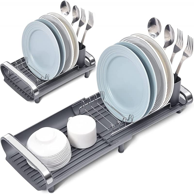 Escurreplatos, Escurridor De Platos Extensible con Cesta de Cubiertos, Caño De Drenaje Giratorio Gris Oscuro