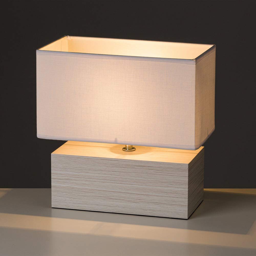 Lámpara de mesa con pantalla nórdica de madera y lino beige, de 28x15x28 cm