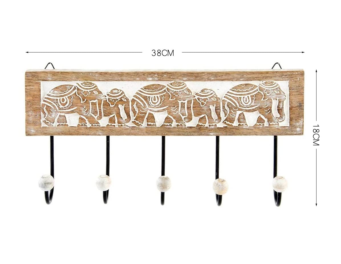 Perchero Pared 5 Colgador Madera Tallada Elefante 38x18 cm