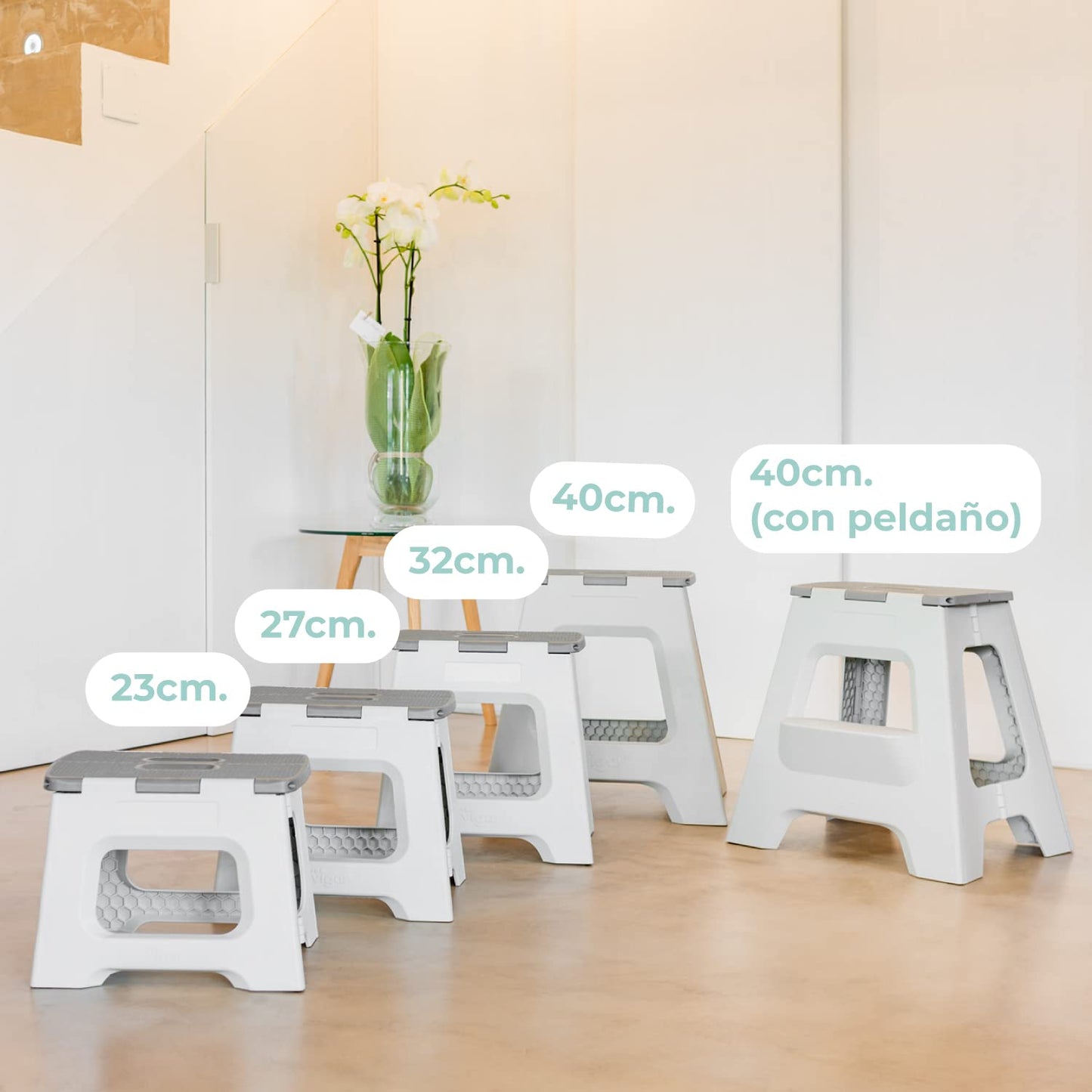Taburete Plegable - Modelo Compact - 27 cm de Altura - con 80% Plástico Reciclado - Cocina, Baño y Camping - Escalón Peldaño