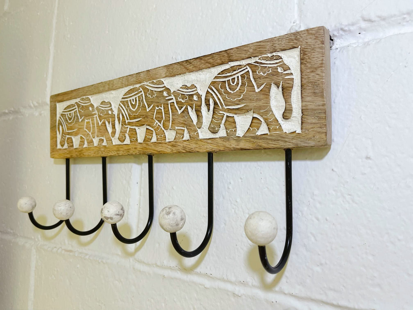 Perchero Pared 5 Colgador Madera Tallada Elefante 38x18 cm