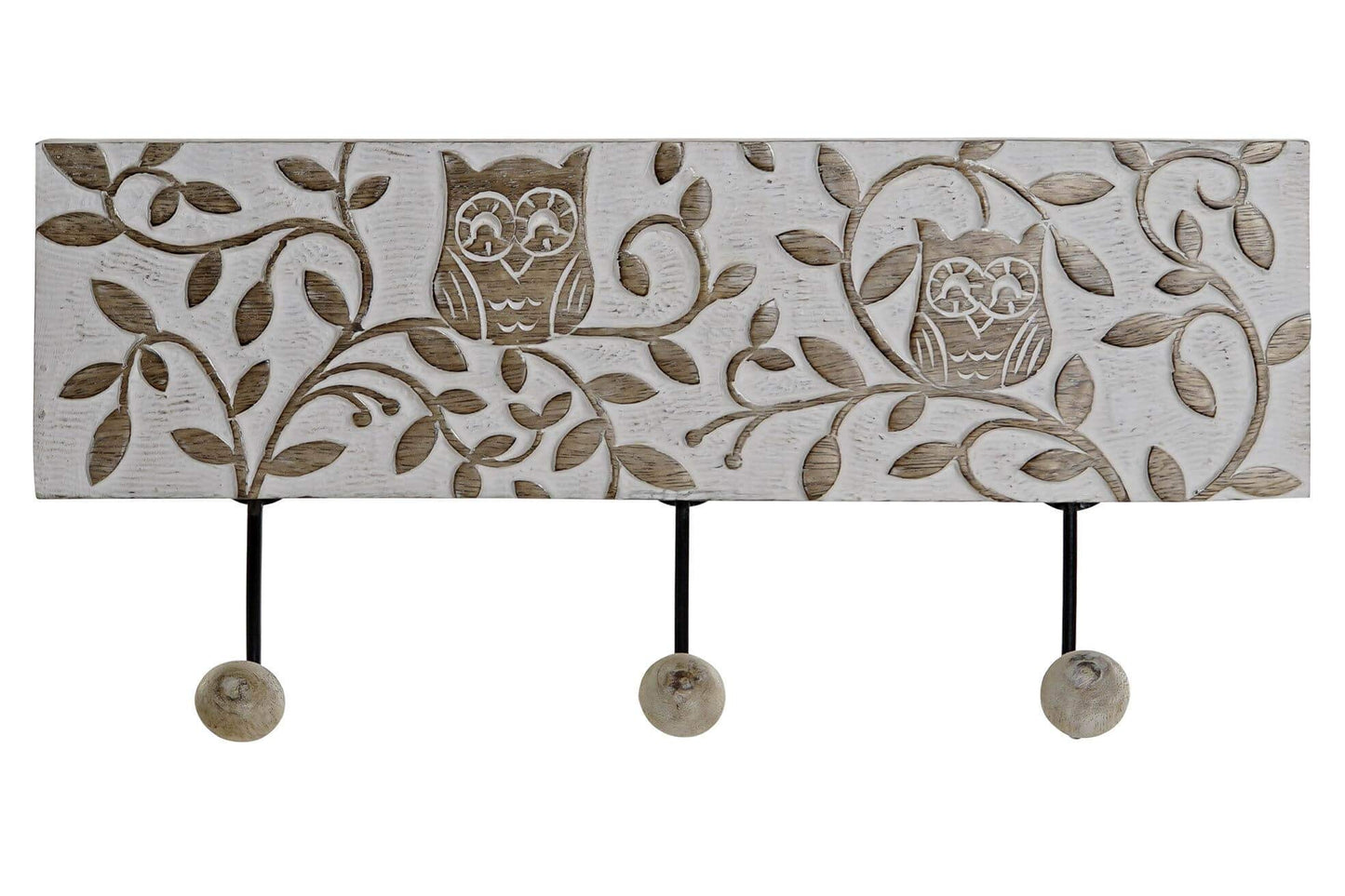 Perchero de Pared Madera Mango Tallado Buho 3 colgadores