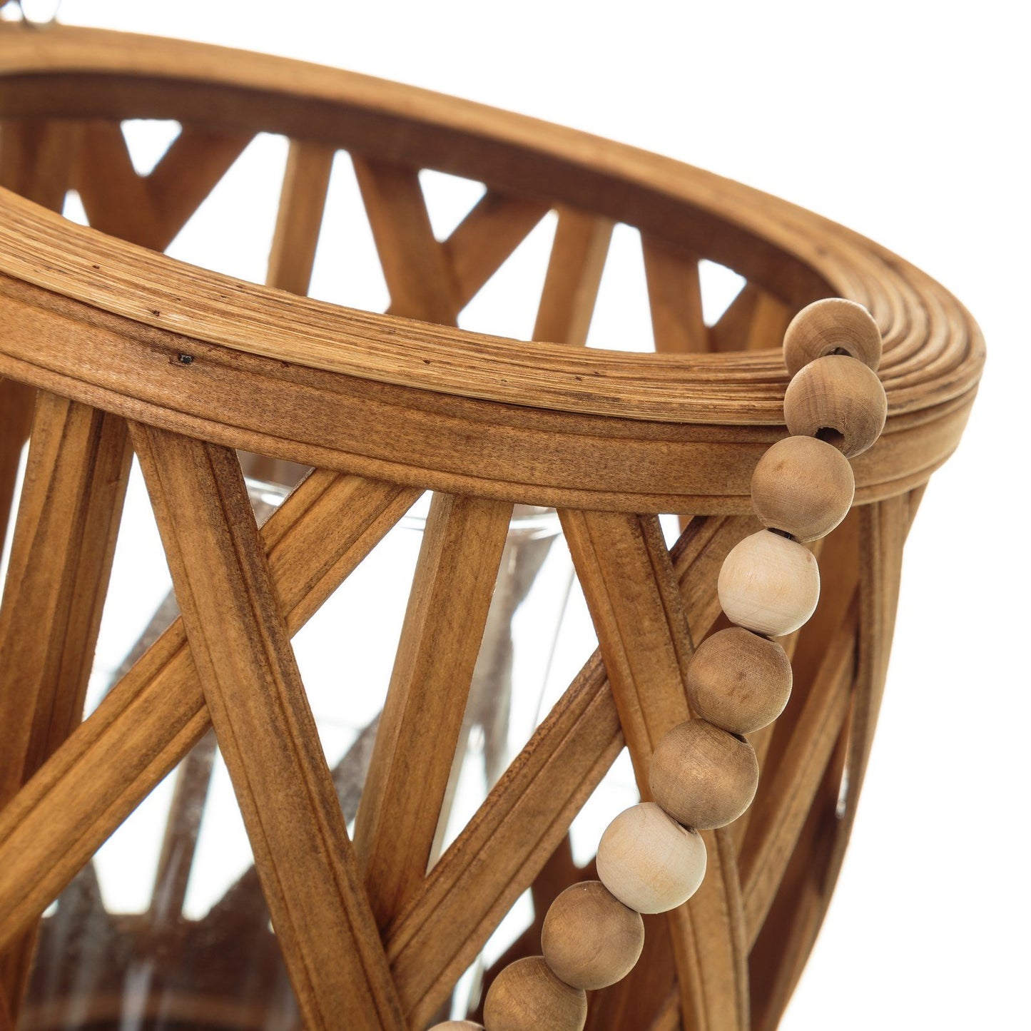 Farol portavelas étnico marrón de madera para salón Sol Naciente