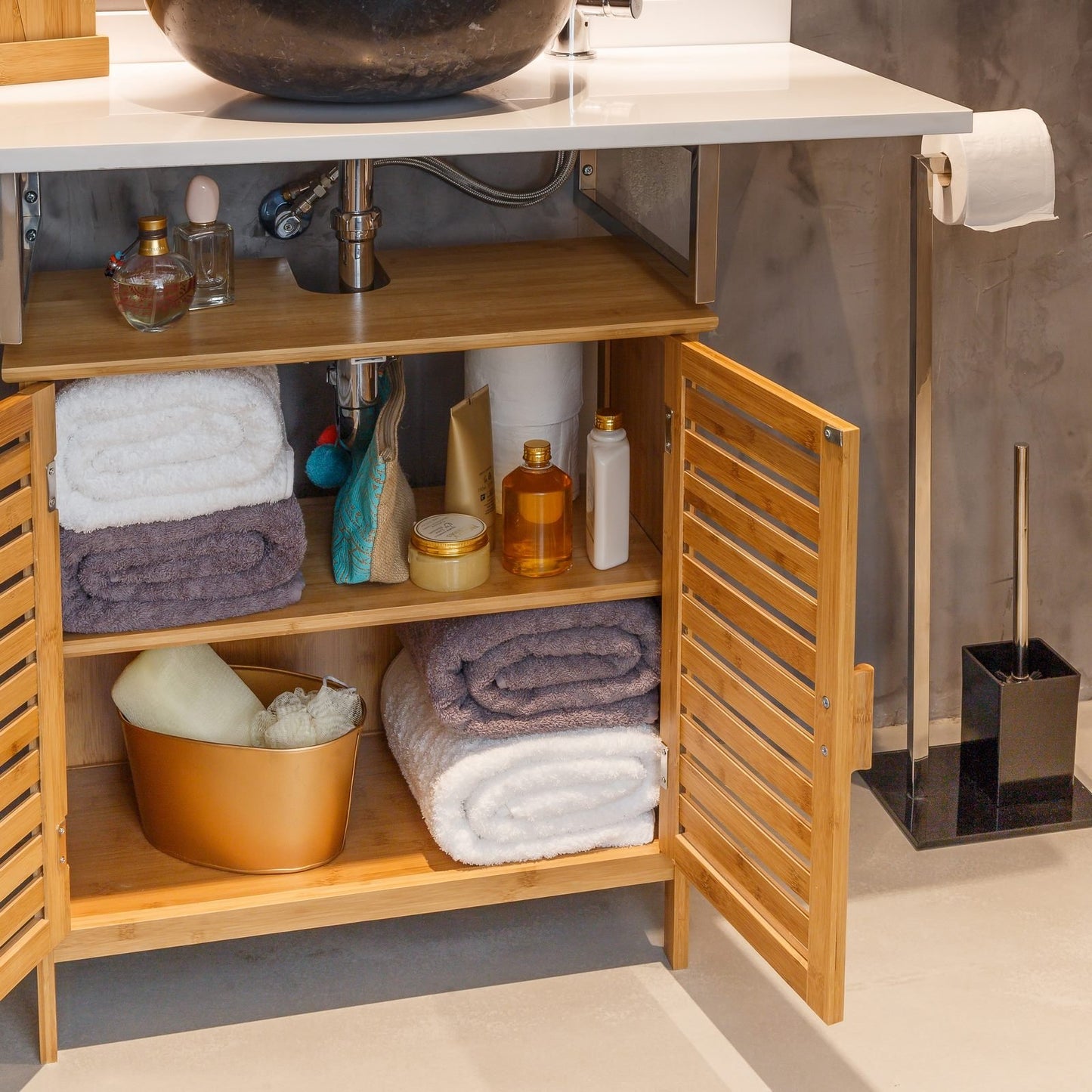Mueble bajo Lavabo nórdico marrón de bambú para Cuarto de baño Basic