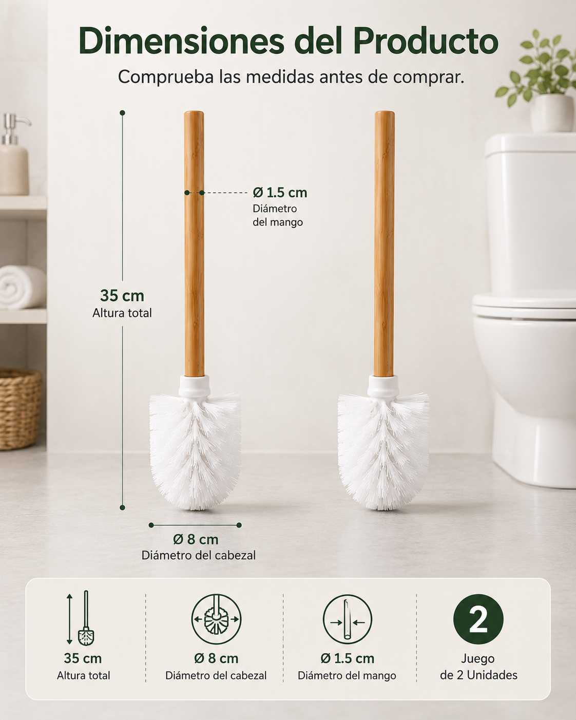Pack 2 Escobillas Blanca Palo de Bambu,Escobilla de Baño de Bambú, Juego de 2 Cepillos para Inodoro con Mango de Madera Natural,