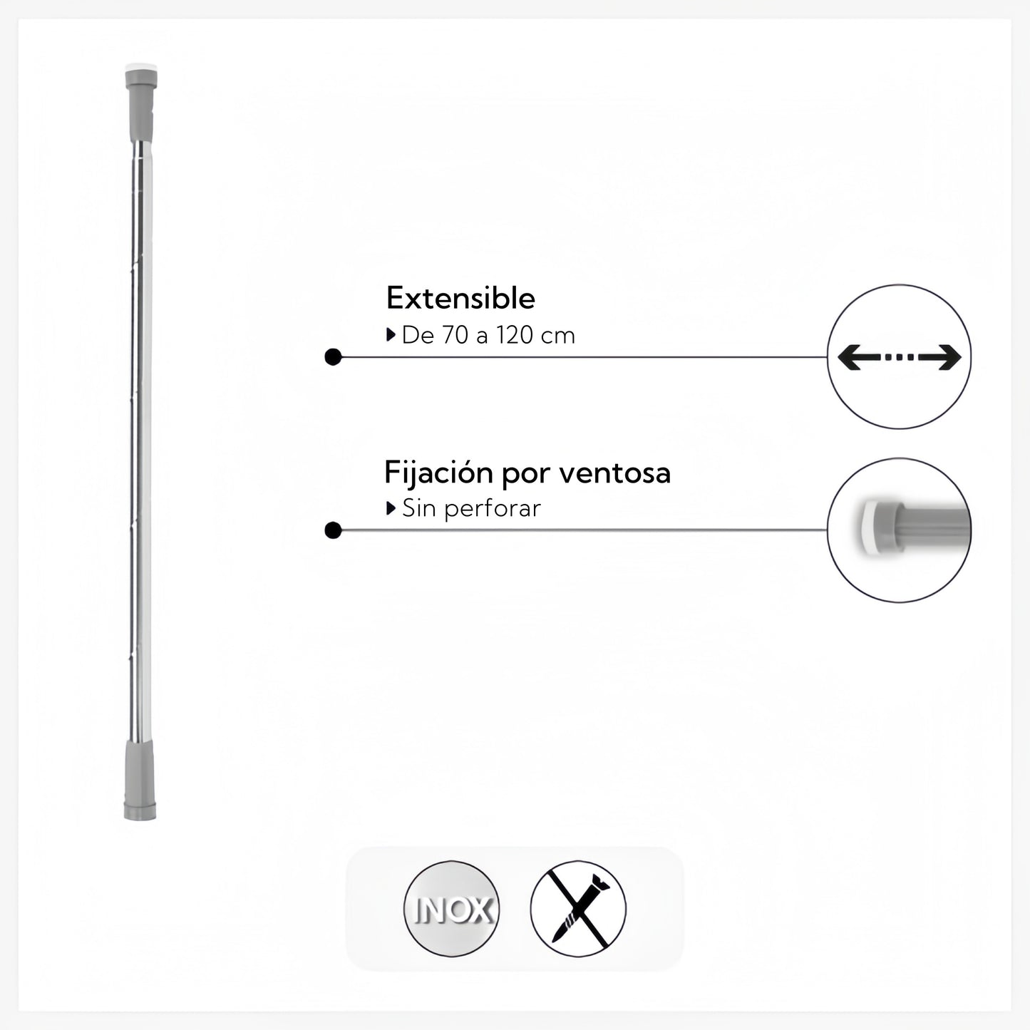 Barra de Ducha Extensible de Acero Inoxidable, Barra Cortina Aluminio Instalación Sin Perforar, Ajustable y Resistente