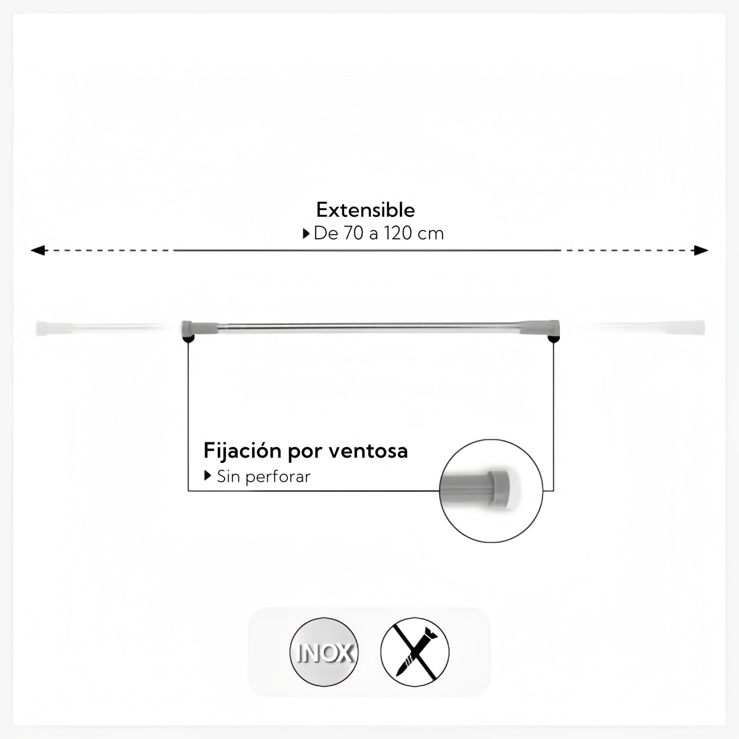 Barra de Ducha Extensible de Acero Inoxidable, Barra Cortina Aluminio Instalación Sin Perforar, Ajustable y Resistente