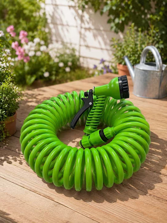 Manguera Espiral para Jardín 10 m con Pistola de Riego de 7 Modos, Gatillo con Bloqueo, Conectores Rápidos, Fácil de Guardar para Coche, Patio y Mascotas