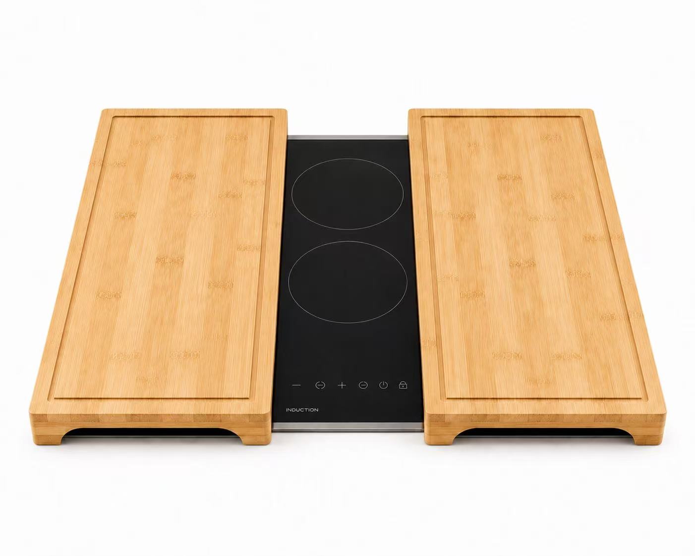 Protector para Vitrocerámica e Inducción, Pack de 2 Tablas de Cortar de Bambú con Ranura Antiderrames, Amplía el Espacio de Trabajo para Cortar, Servir y Proteger, 53,8 × 28 cm