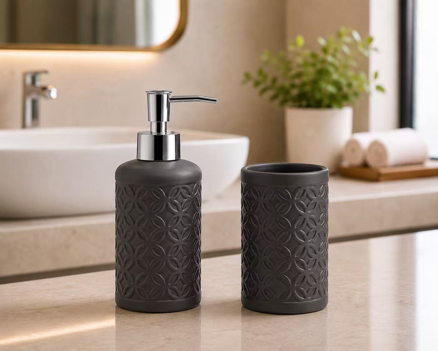 Set de Baño de Cerámica, Dispensador de Jabón y Vaso para Cepillos de Dientes, Accesorios para Baño y Lavabo, Diseño Moderno