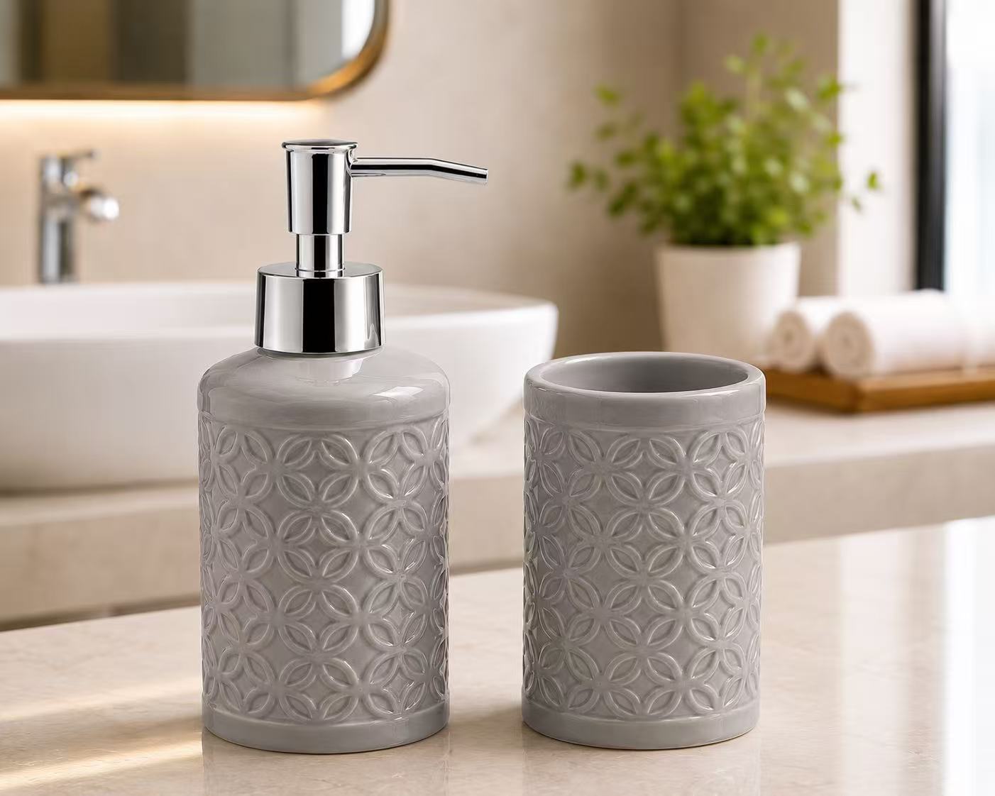 Set de Baño de Cerámica, Dispensador de Jabón y Vaso para Cepillos de Dientes, Accesorios para Baño y Lavabo, Diseño Moderno