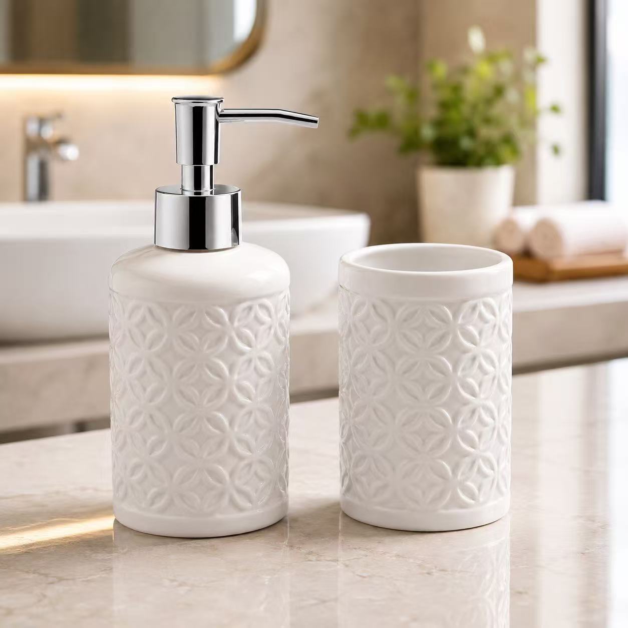 Set de Baño de Cerámica, Dispensador de Jabón y Vaso para Cepillos de Dientes, Accesorios para Baño y Lavabo, Diseño Moderno