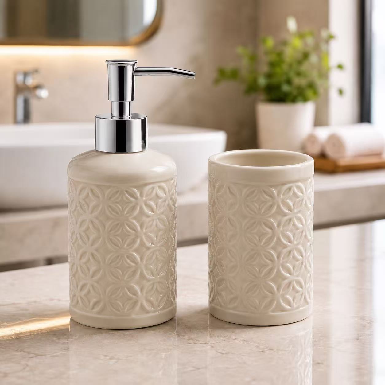 Set de Baño de Cerámica, Dispensador de Jabón y Vaso para Cepillos de Dientes, Accesorios para Baño y Lavabo, Diseño Moderno