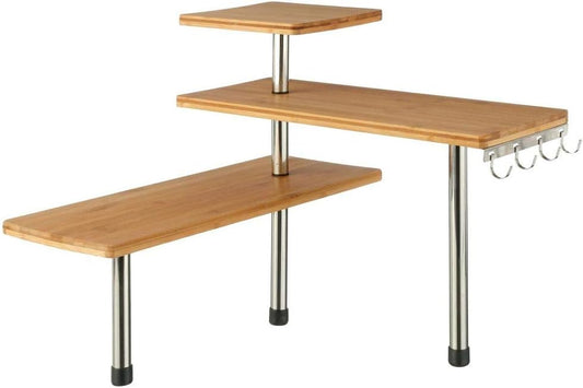 Estantería esquinera para Cocina, 3 estantes, Madera de bambú, Estructura de Acero, Mueble esquinero, portaobjetos con Ganchos
