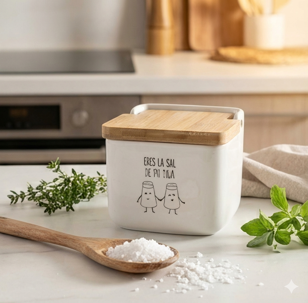 Salero de Cocina de Cerámica con Tapa de Madera Diseños Originales ECHALE Sal A TU Dia…