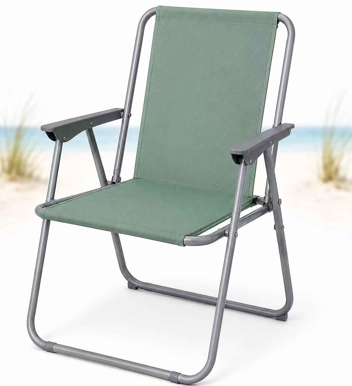 Silla de Playa Plegable Compacta, Ultraligera, con Respaldo Alto y Reposabrazos, Fácil de Transportar, Ideal para Playa, Camping, Terraza, Jardín, Balcón y Exterior
