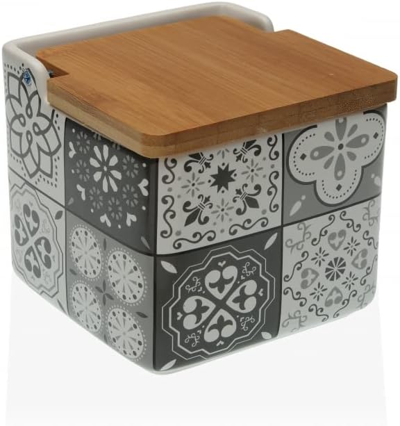 Salero de Cocina de Cerámica con Tapa de Madera Diseños Originales Mosaico Bicolor