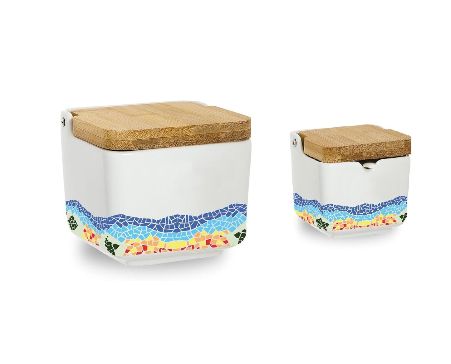 Salero y azucarero cocina blanco minimalista ceramica con tapa madera español (Salero)