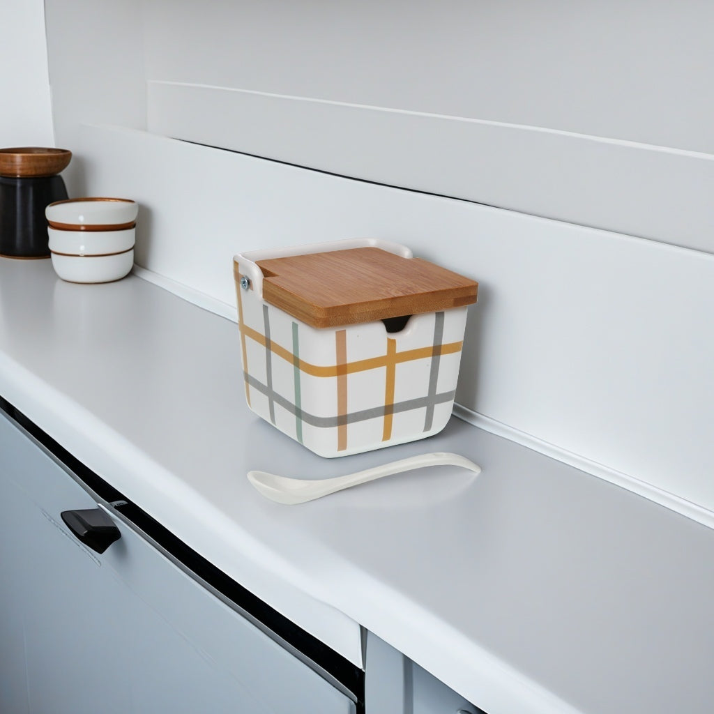 Azucarero de Cocina de Cerámica con Tapa de Bambu Diseños Originales