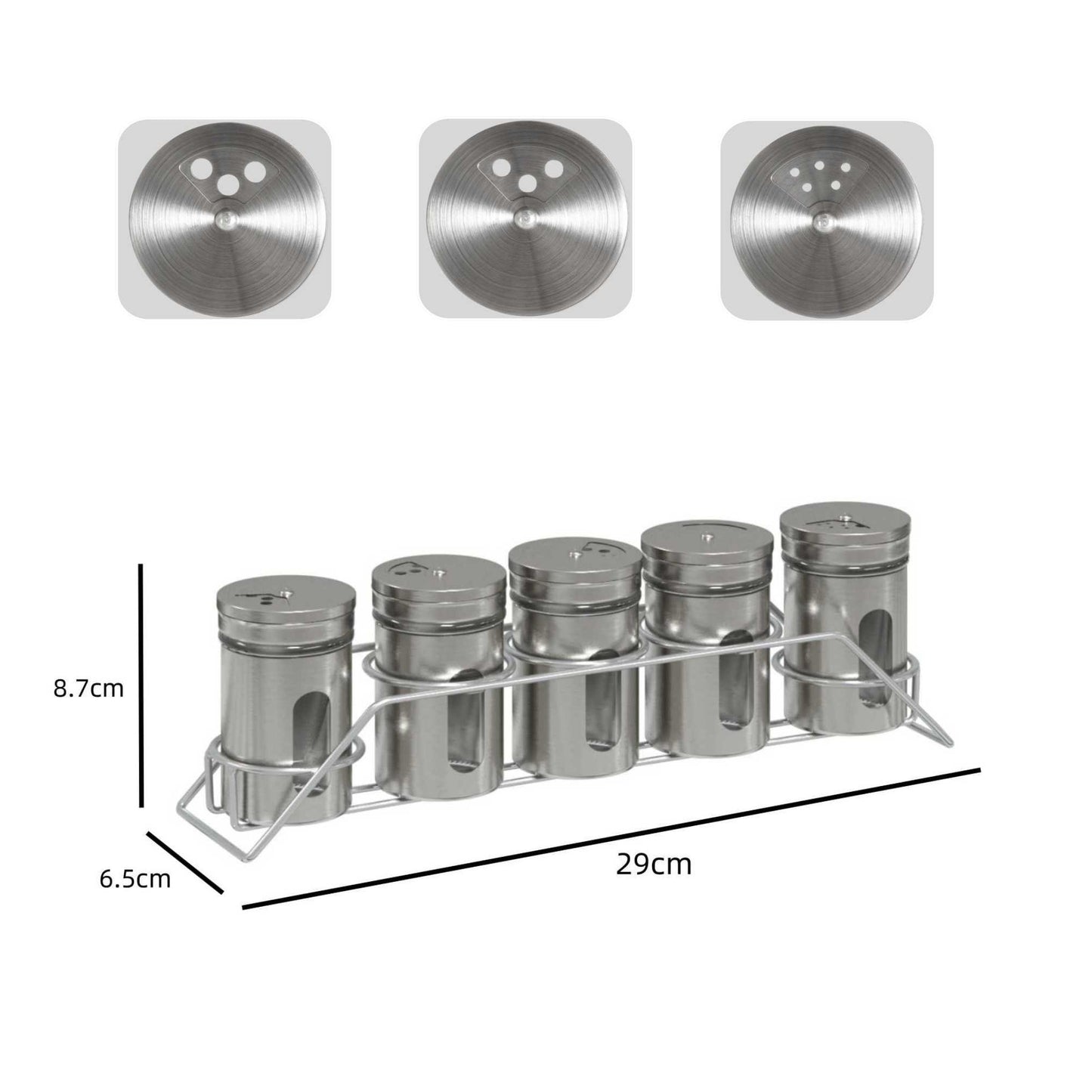 DAMDAM GO Set de 5 PCS Botes Especias, Con Soporte Acero Inoxidable, Juego de 5 Tarros de Especias con Tapa Giratoria 3 Tamaño Fino, Mediano y Grueso