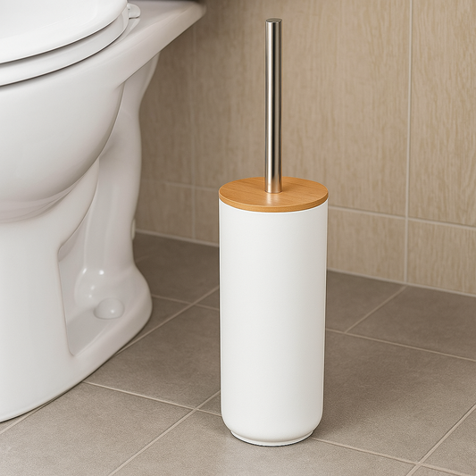 Escobillero Plastico Blanco  9.1 x 37 cm, Escobilla Baño Moderna con Portaescobillas, Diseño Nórdico Blanco con Tapa de Bambú y Mango de Acero Inoxidable