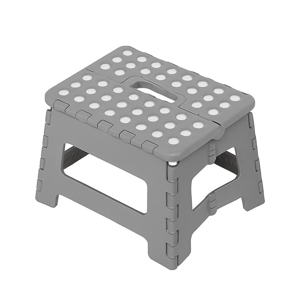 Taburete Plegable de Plástico con Superficie Antideslizante, Portátil y Resistente, Para Cocina, Baño o Niños – Blanco y Gris