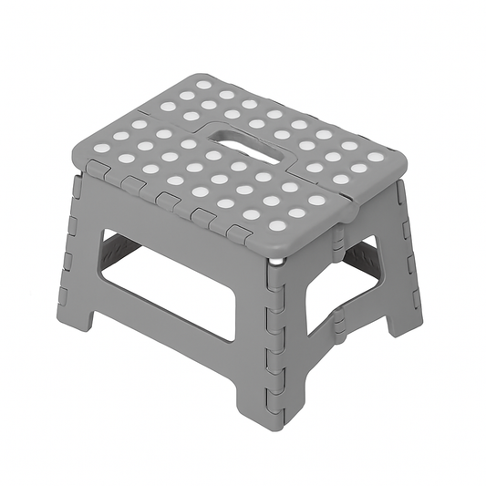Taburete Plegable de Plástico con Superficie Antideslizante, Portátil y Resistente, Para Cocina, Baño o Niños – Blanco y Gris