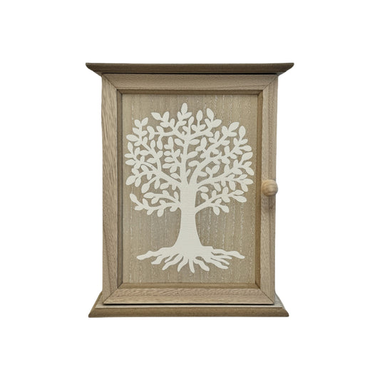 Caja Guardallaves de Madera Decorada con Arbol de la Vida Estilo Nórdico con 6 Colgadores de Pared