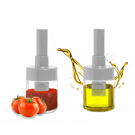 DAMDAM GO Dispensador de Salsa de Cocina, Aceitera Con Cepillo Silicona, Para Vinagre y Salsa, Salsera Hornear, Barbacoa, Freidora Aire, Pack 2 Unidades