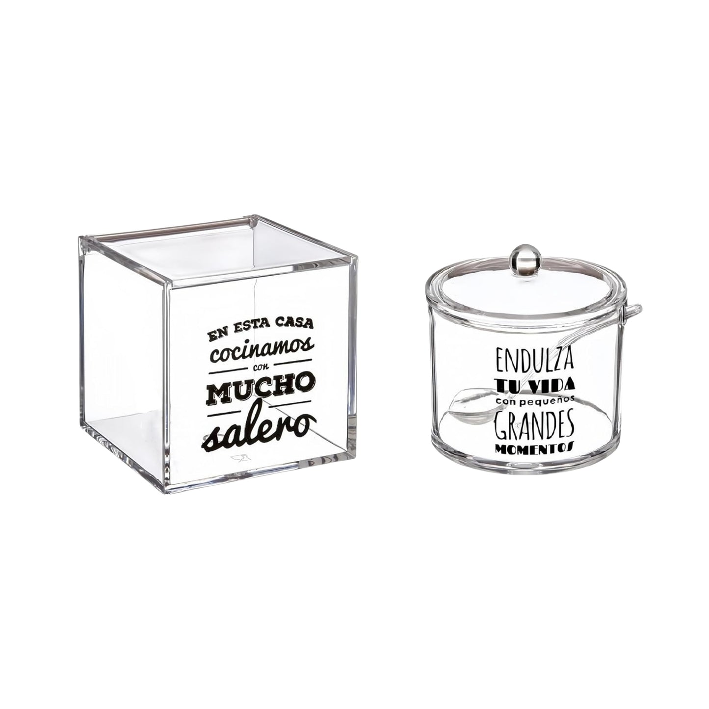 DAMDAM GO Salero y Azucarero de Cocina Super Original Acrilico Diseño Frases, Juego de Sal y Azúcar con Tapa