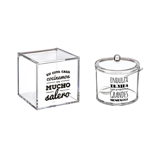 DAMDAM GO Salero y Azucarero de Cocina Super Original Acrilico Diseño Frases, Juego de Sal y Azúcar con Tapa