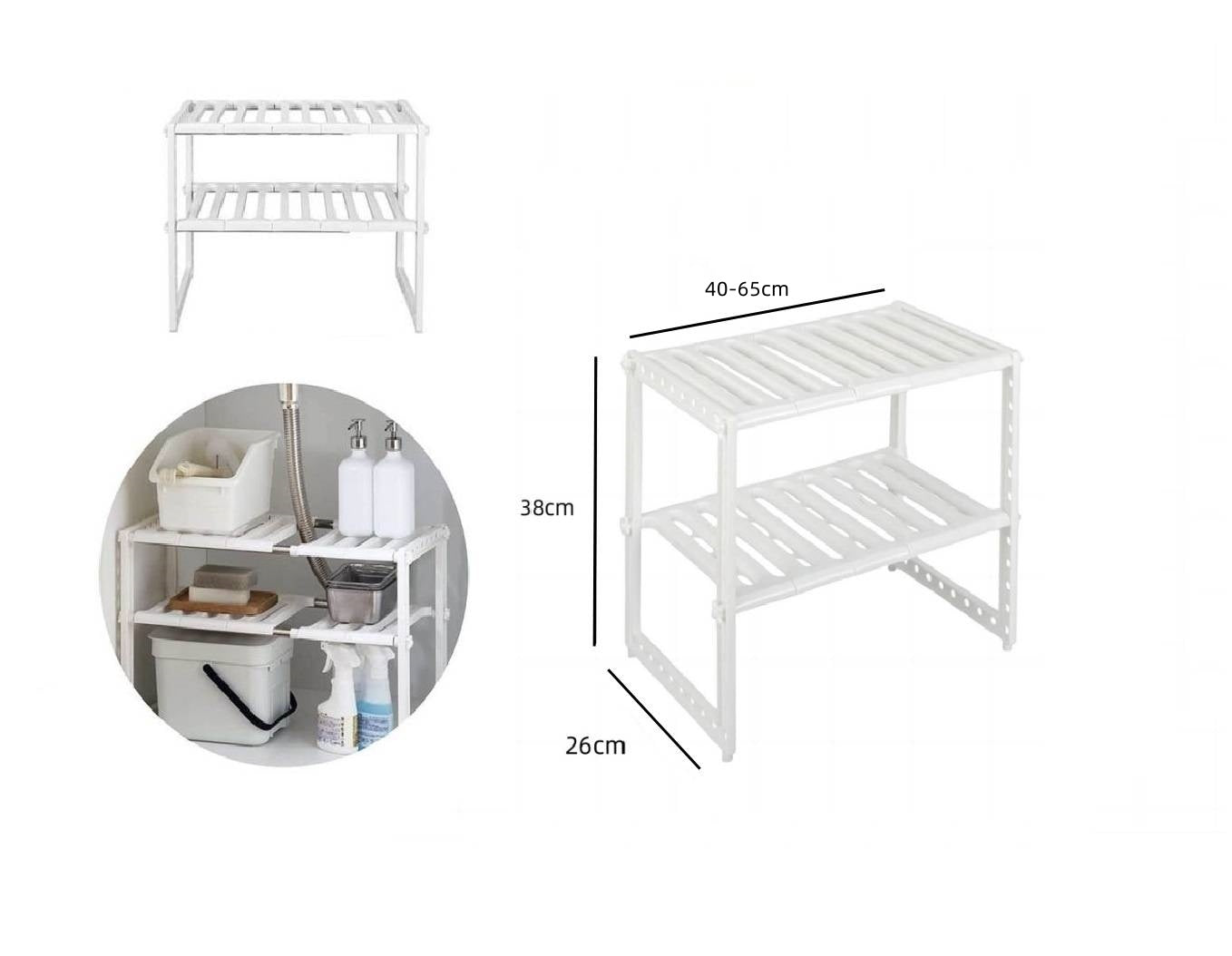 DAMDAM GO Estantería para Bajo Fregadero 2 Niveles, Acero Inoxidable y Plástico Regulable, Extensible Multifunción Ajustable, para Cocina y Baño